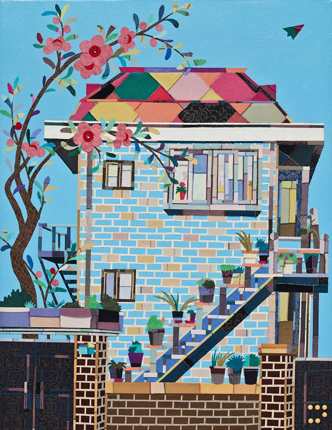Gahwa (House Flower), 53×41cm, acrylic, stitched collage and beads on canvas