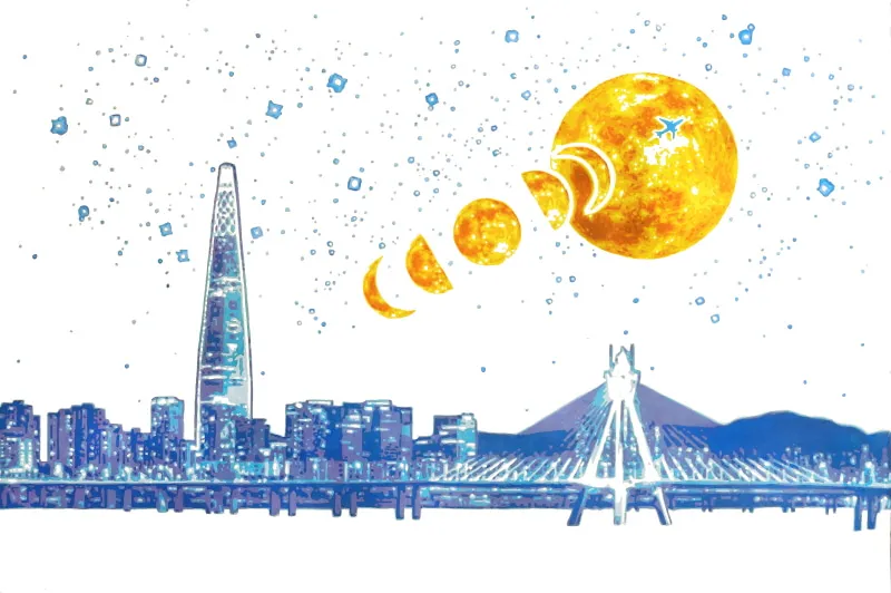 TIMESLIP-bluehour (Lotte Tower and Olympic Bridge Under the Stars), 72.7×90.9cm, color on hanji