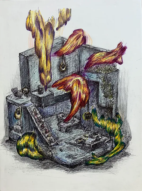 Modelhouse, pencil, colored pencil and ballpoint pen on paper, 32×25cm