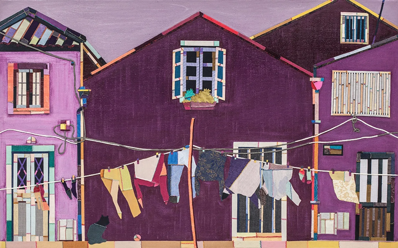 집이 있는 풍경, 33×53cm, 캔버스에 아크릴·바느질 콜라주