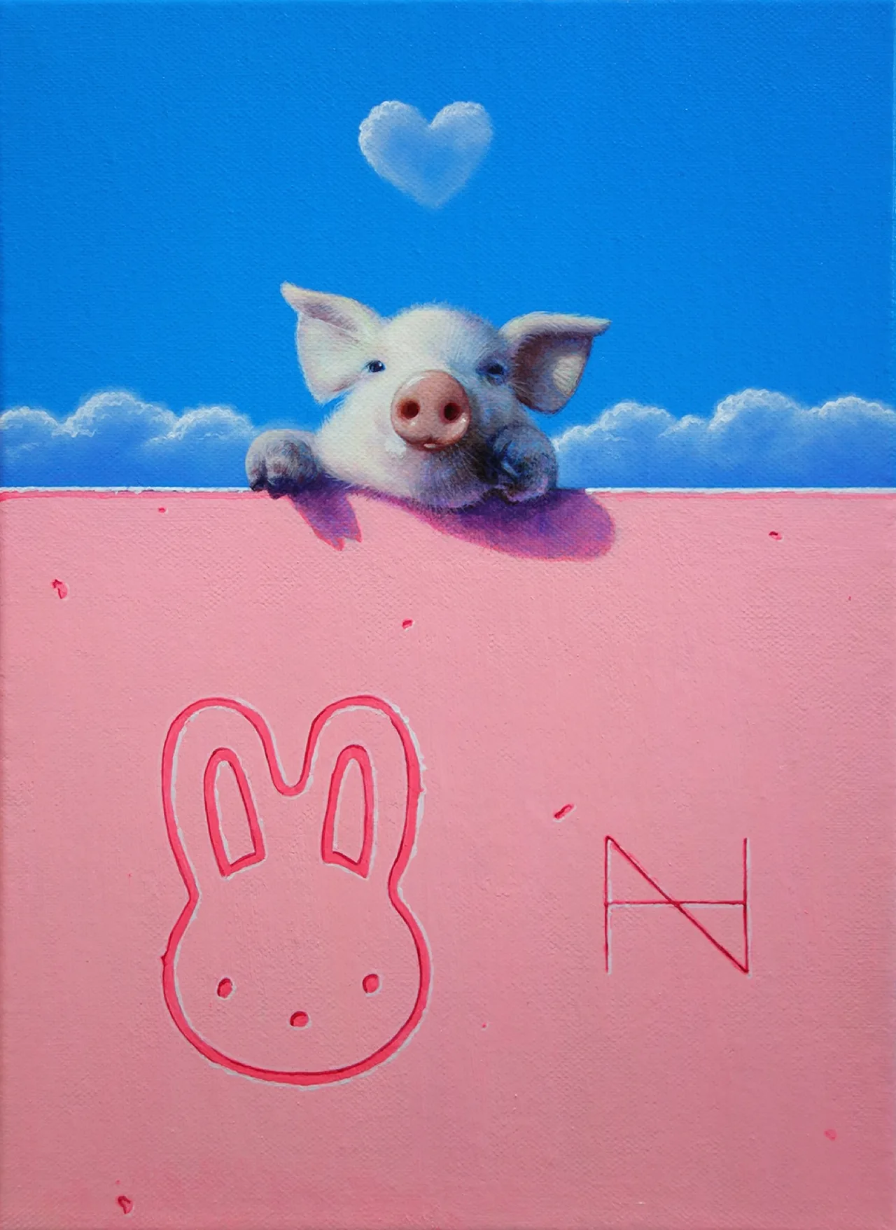 Olivia over the wall(cookie cutter friends-pink Rabbit), Oil and Acrylic on canvas, 33.4X24.2cm
